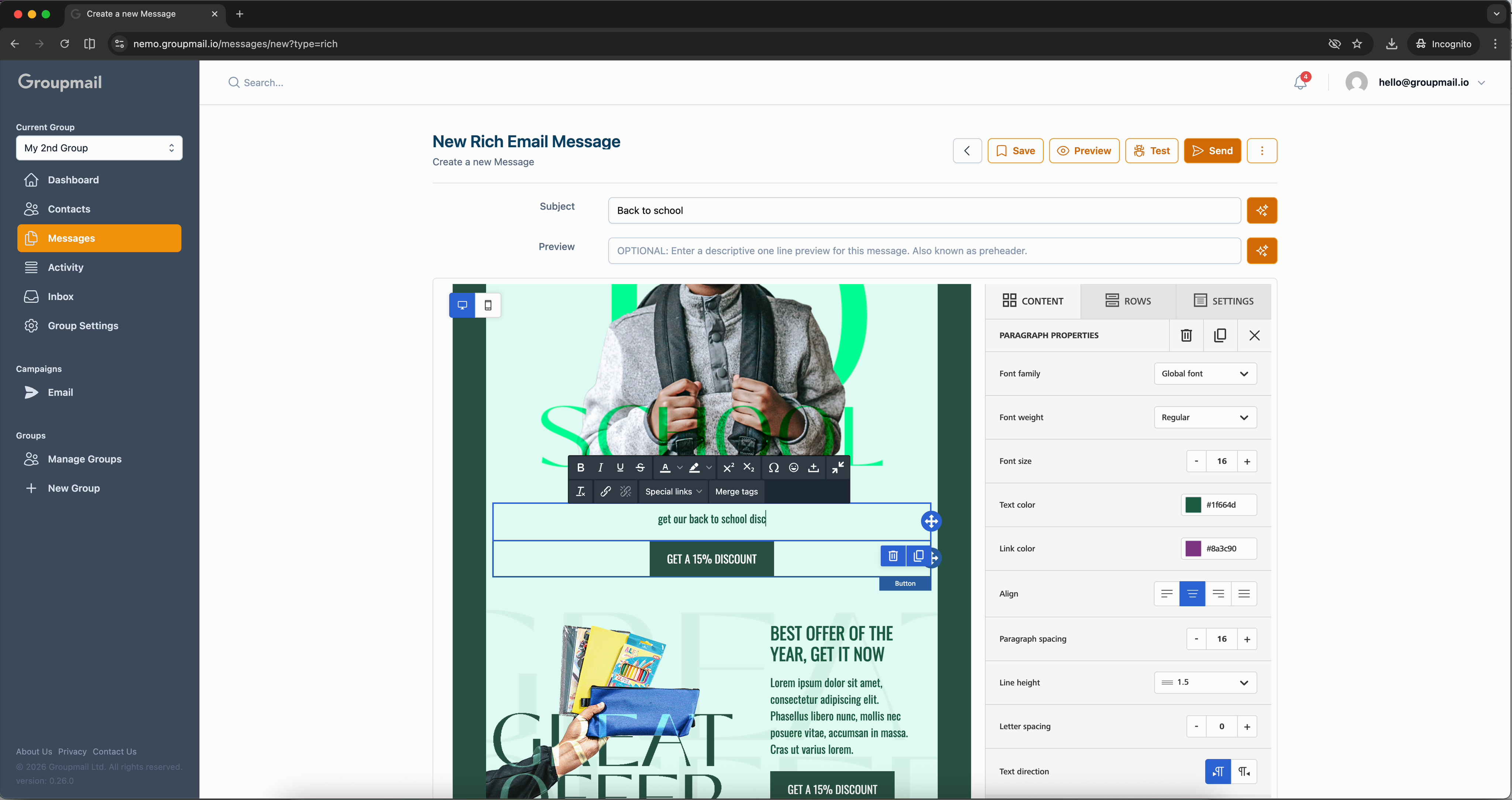 Fig. 4 — Inline text editing with the formatting toolbar and merge tags
