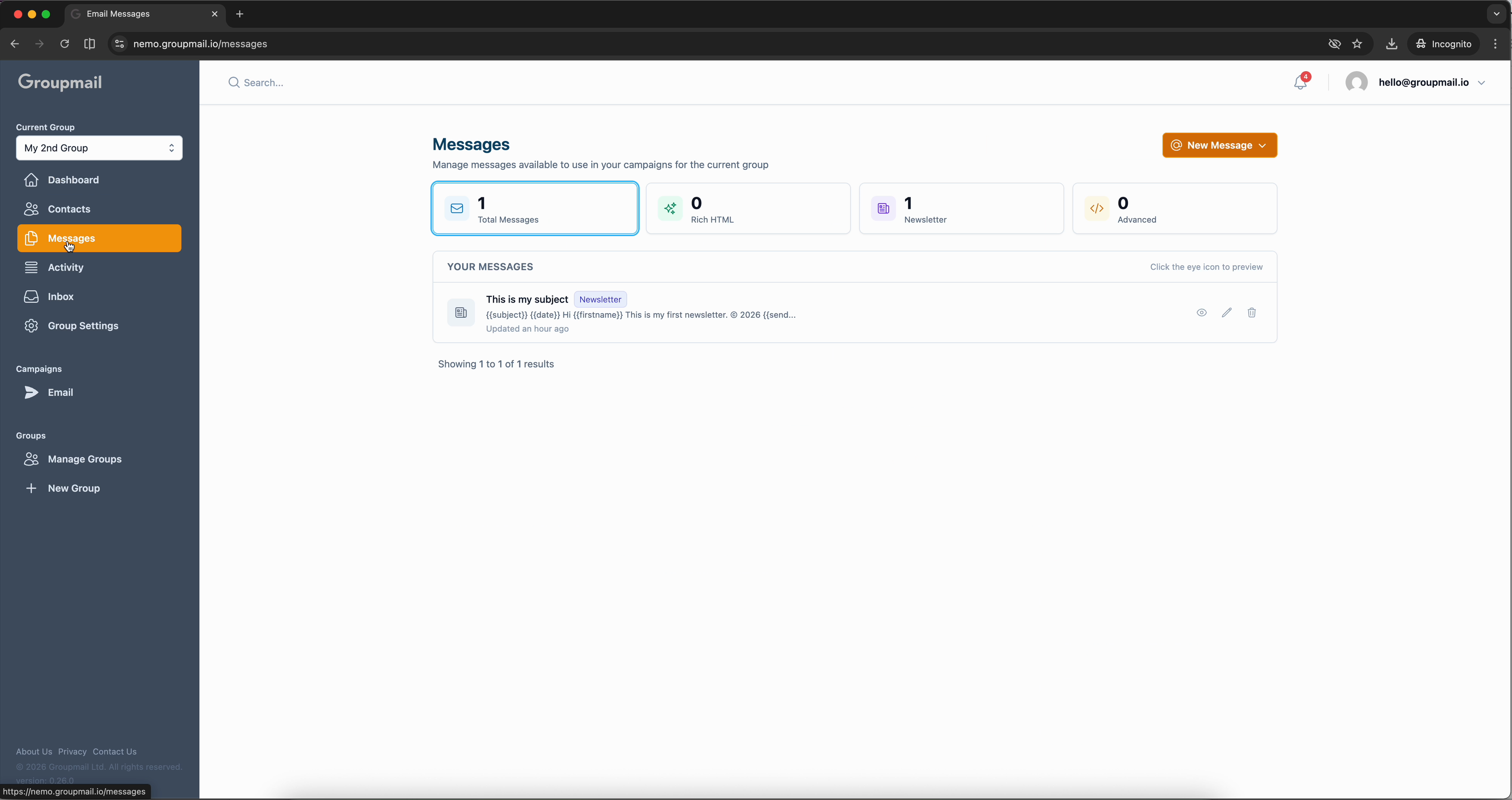 Fig. 1 — The Messages page with the New Message button