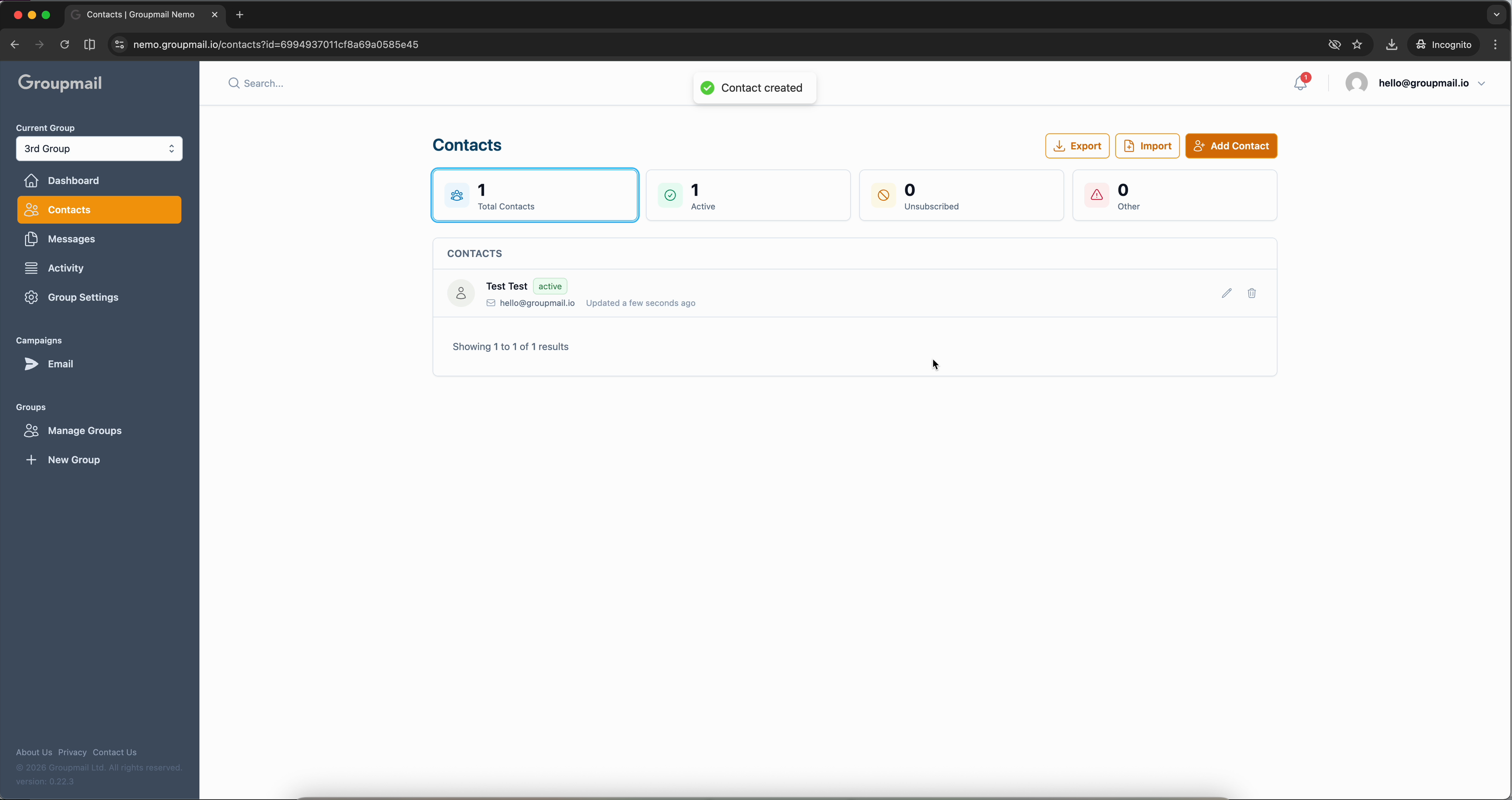 Fig. 3 — Your new contact appears in the list with a "Contact created" confirmation