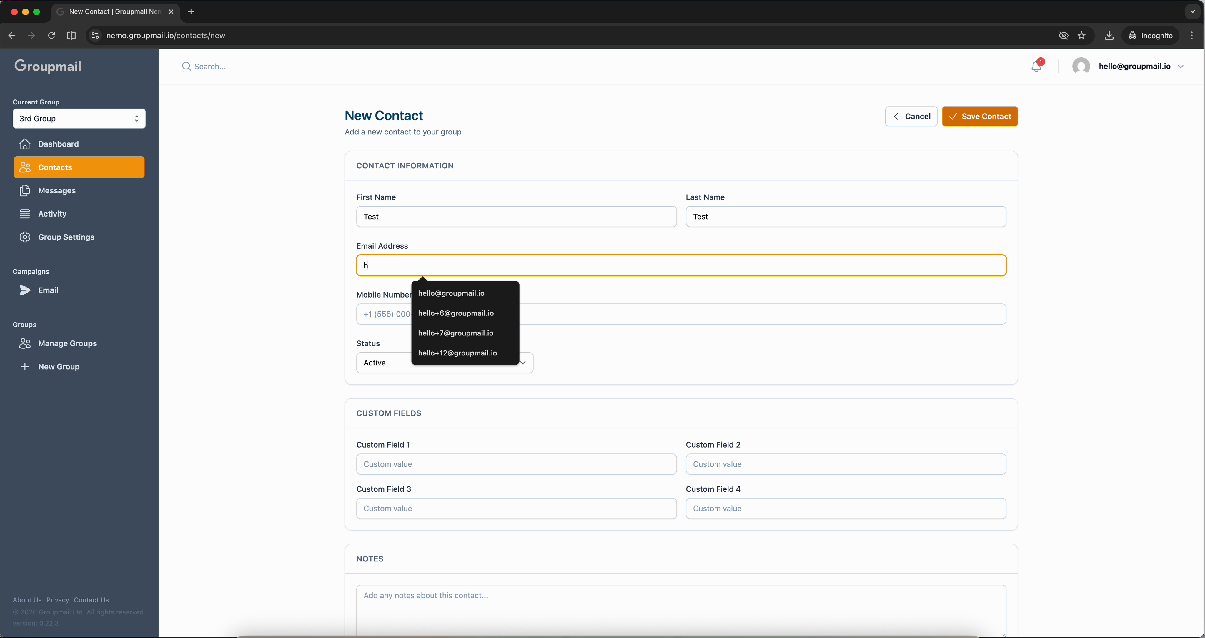 Fig. 2 — Groupmail suggests email addresses as you type