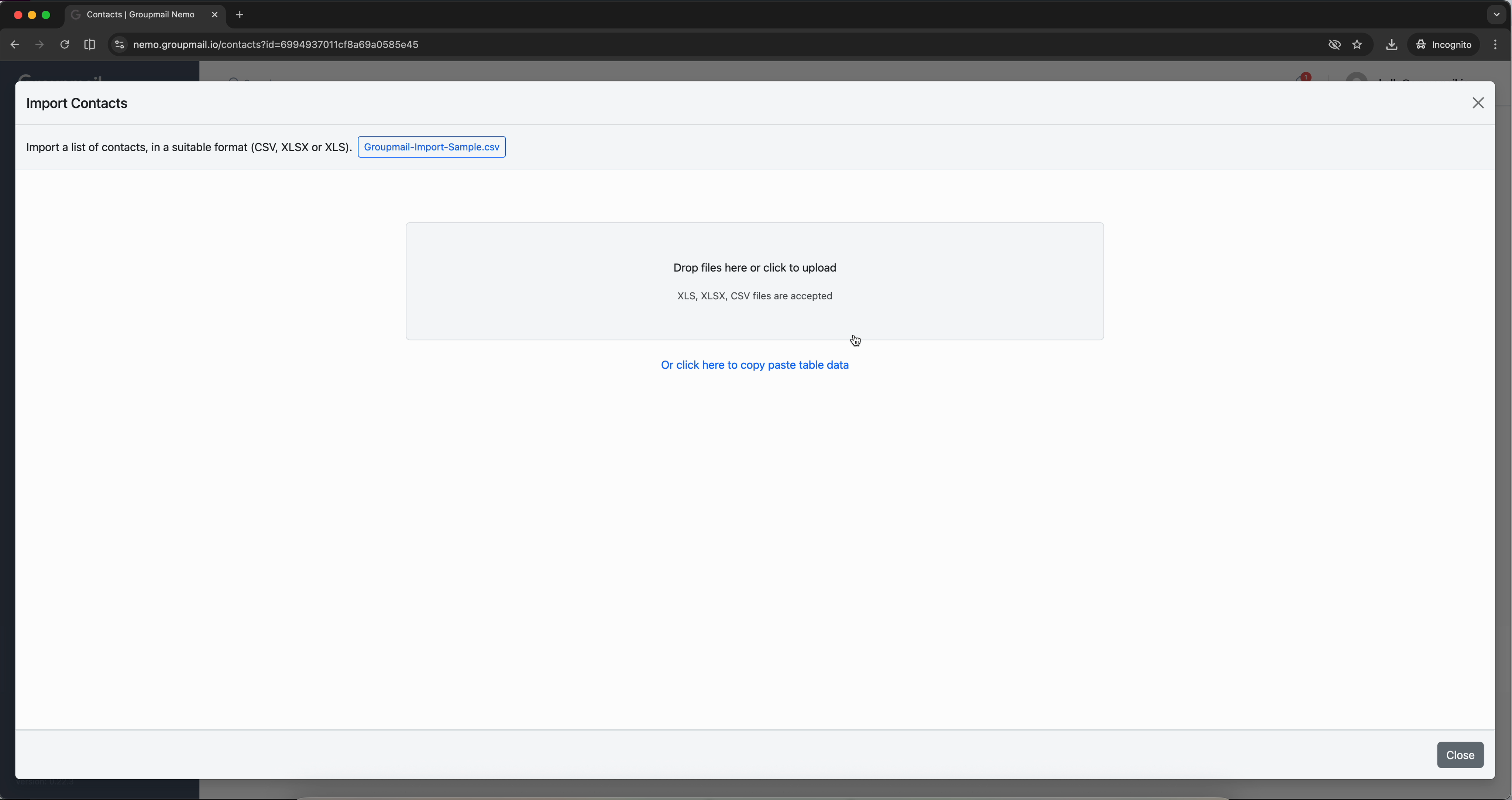 Fig. 4 — Drag and drop a file or click to browse. Download the sample CSV for a quick template.