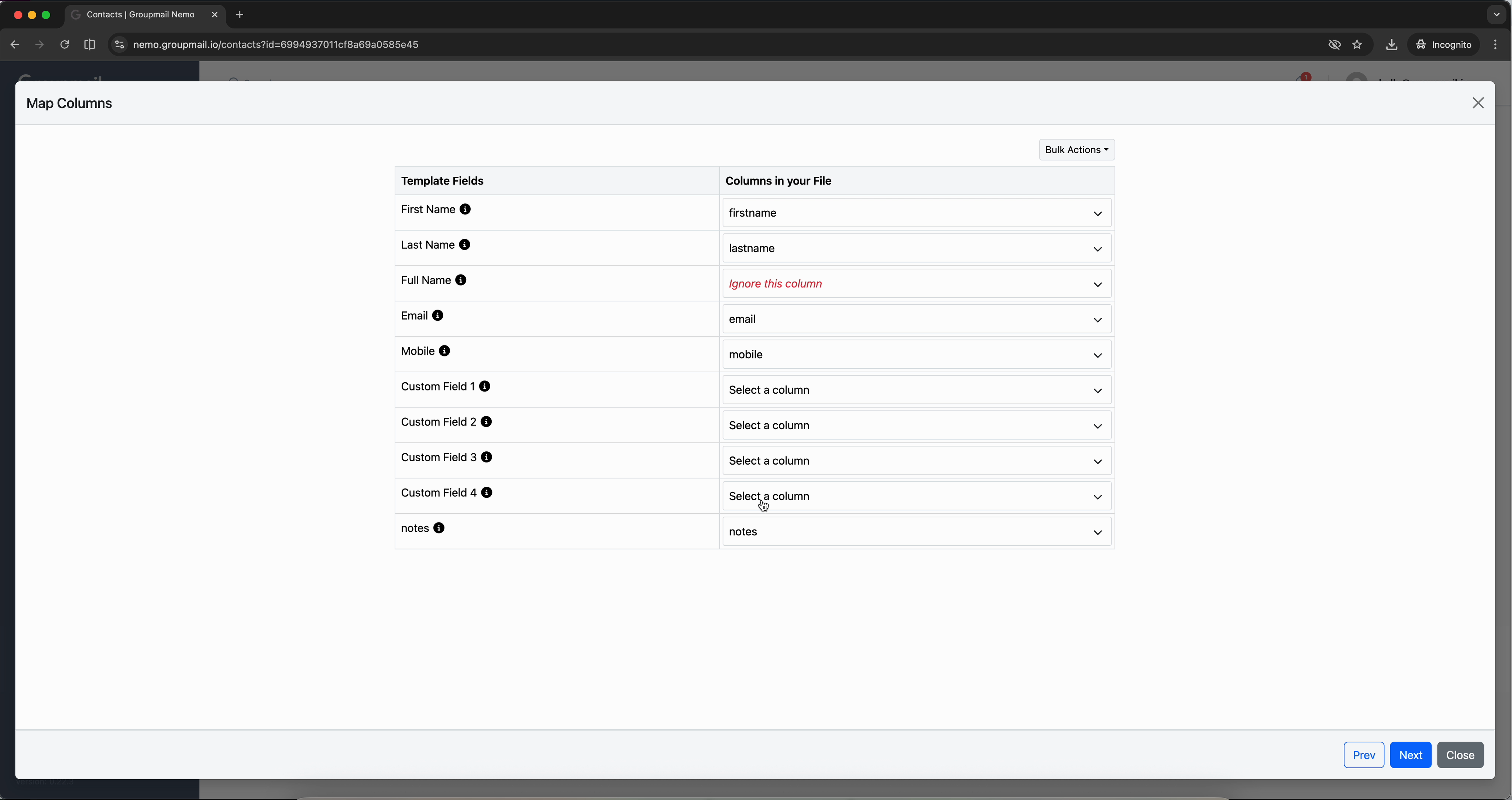 Fig. 6 — Map each column in your file to a Groupmail contact field
