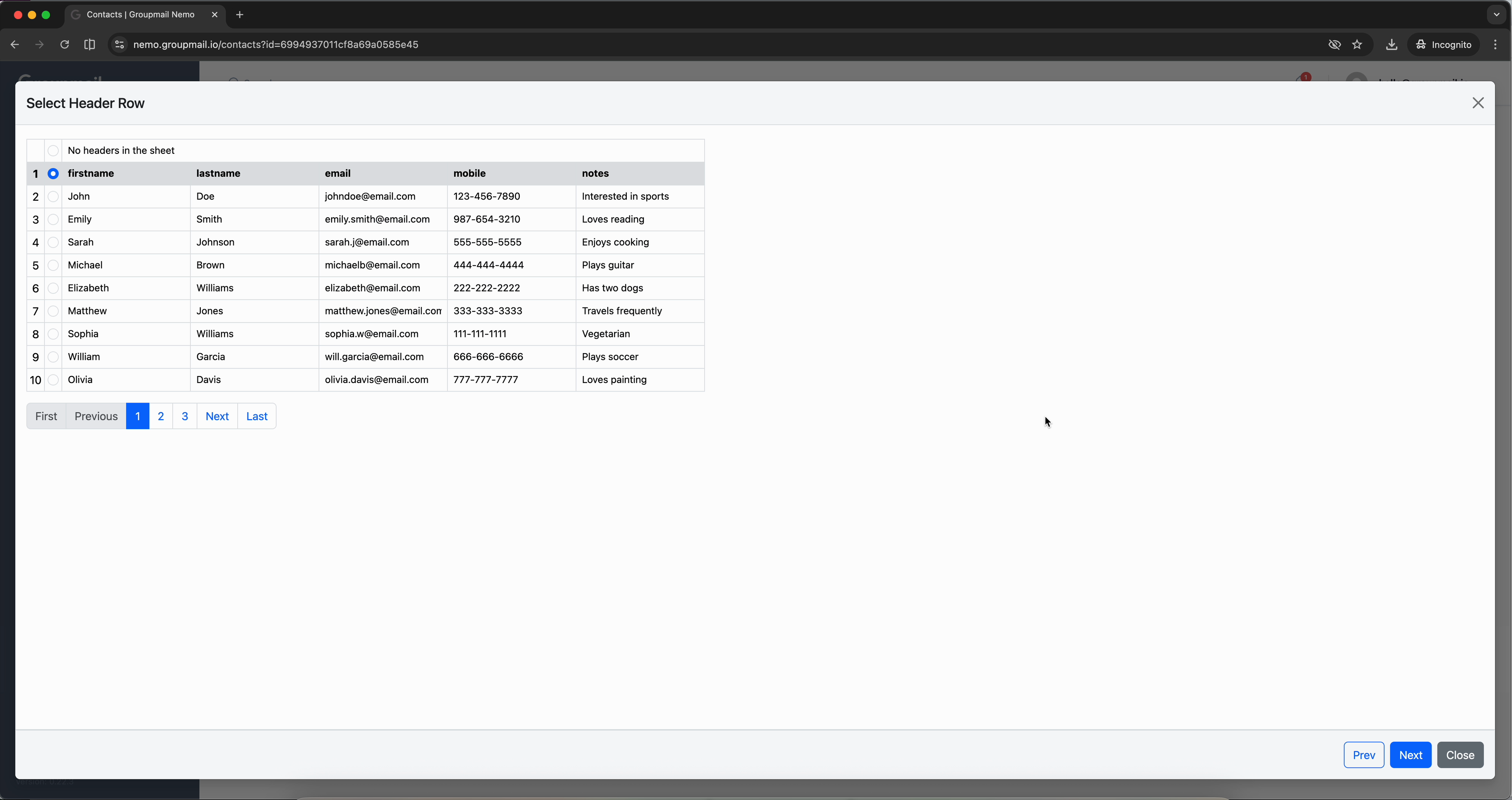 Fig. 5 — Preview your CSV data and select the row that contains column headers