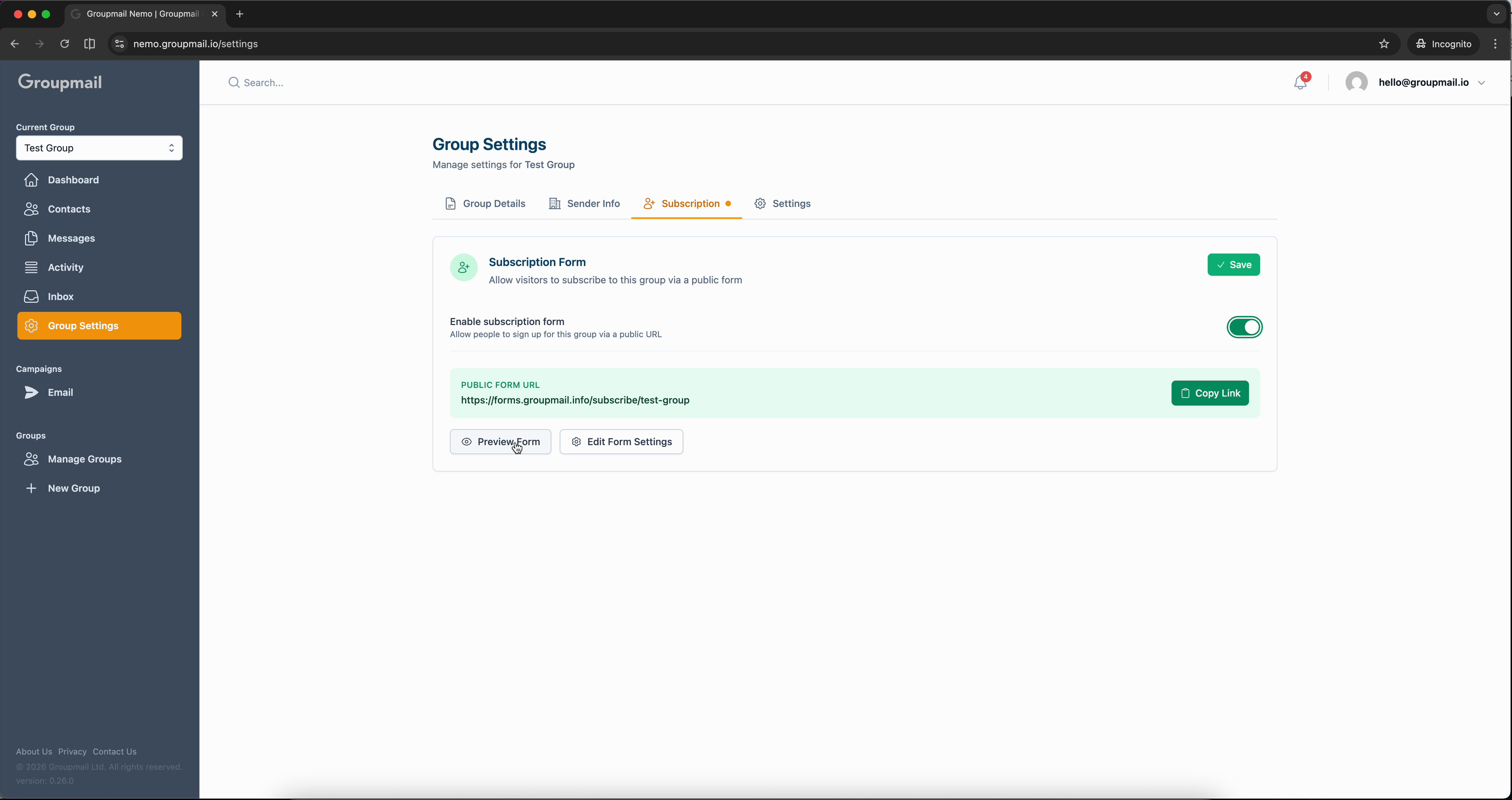 Fig. 2 — Subscription form enabled with the public URL ready to copy